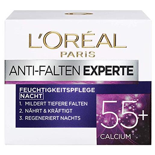 L'Oréal Paris, crema notte idratante viso, antietà, crema notte con calcio per ridurre le rughe, anti-wrinkle expert 55+, 1 x 50 ml