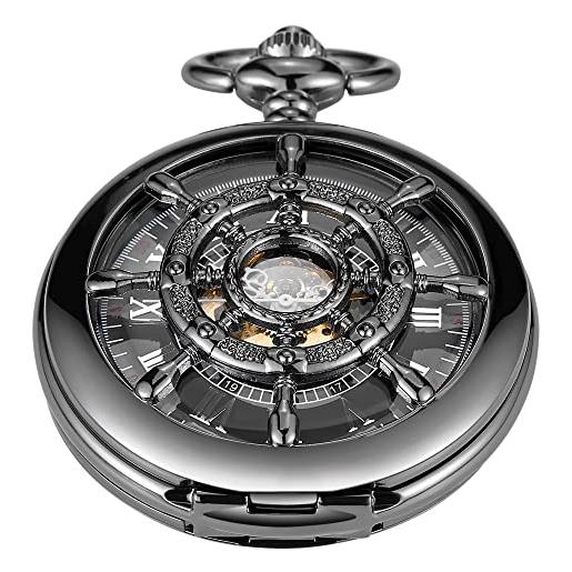 Tiong orologio da tasca meccanico da uomo con doppio motivo timone nero, mpw101-uk