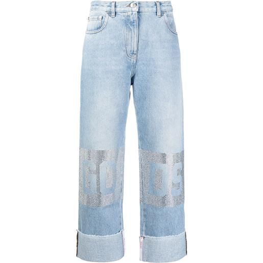 Gcds jeans crop strass con vita media - blu
