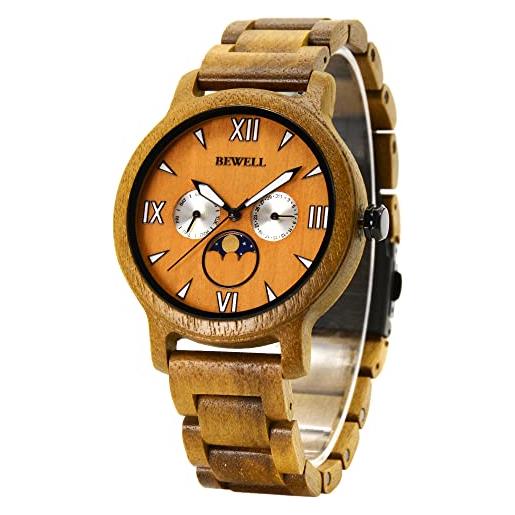 BEWELL orologi in legno da uomo movimento al quarzo cronografo artigianale multifunzione con data elegante orologio da polso in legno