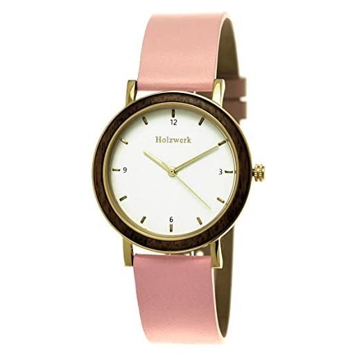 Holzwerk Germany® - orologio da donna realizzato a mano, in legno naturale, analogico, classico, al quarzo, colore rosa, oro, marrone