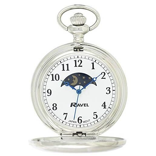 Ravel - orologio da tasca full-hunter con fasi lunari e catena in acciaio inossidabile - colore argento