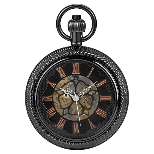 Tiong no battery black style orologio da tasca meccanico, orologi da tasca meccanici vintage numeri romani con cassa e catena per uomo, mpw110-uk, 10 cm