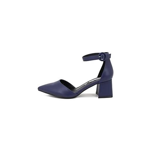 QUEEN HELENA décolleté sandali eleganti a punta chiusa scarpe con tacco quadrato medio donna zm6046 (zm7001 blu pu, numeric_39)