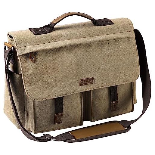 VASCHY borsa tracolla uomo, borsa pc 15 pollici ventiquattrore uomo borsa messenger vintage borsa messaggero tela cerata valigetta resistente all'acqua borse a spalla con tracolla imbottita cachi