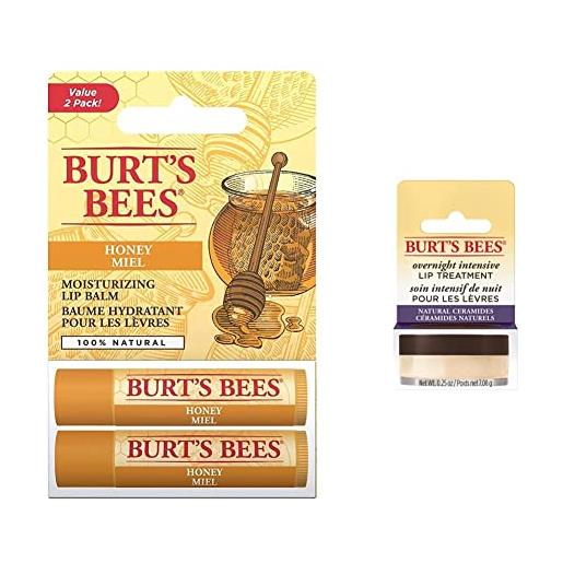 Burt's Bees balsamo labbra idratante naturale, miele con cera d & rsquo;Api & trattamento per le labbra intensivo notte naturale, trattamento ultra emolliente per la cura delle labbra, 7
