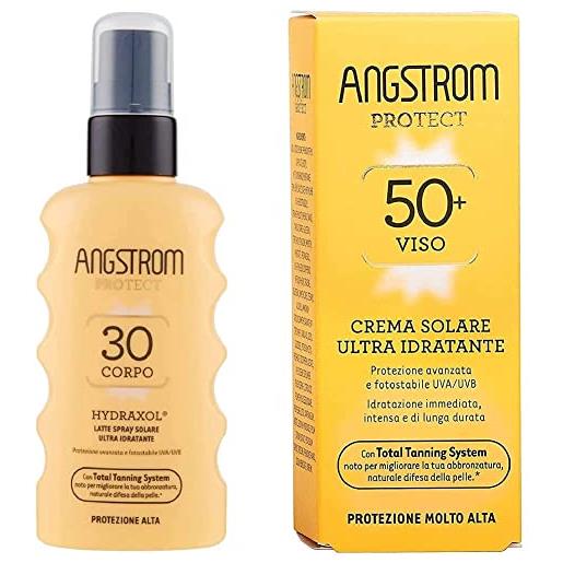 Angstrom protect latte solare in formato spray, protezione solare corpo 30+ & protect crema solare viso, protezione viso 50+ con azione ultra idratante, nutriente e duratura