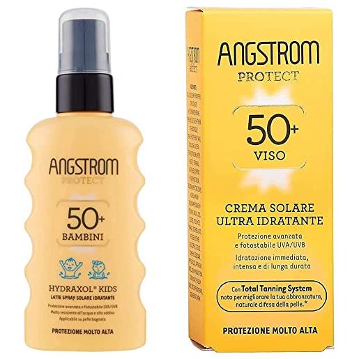 Angstrom protect latte solare in formato spray, protezione solare corpo 50+ & protect crema solare viso, protezione viso 50+ con azione ultra idratante, nutriente e duratura