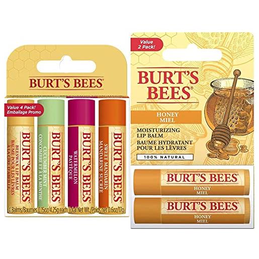 Burt's Bees balsamo labbra idratante freshly picked naturale, cera d & rsquo;Api, menta e cetriolo & balsamo labbra idratante naturale, miele con cera d & rsquo;Api, confezione da 2 tubetti 30 g