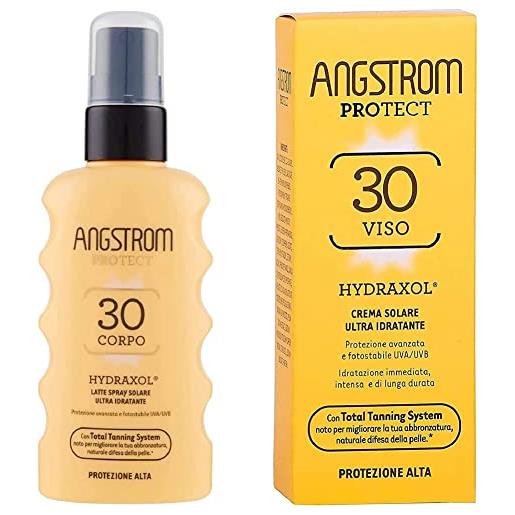 Angstrom protect latte solare in formato spray, protezione solare corpo 30+ & protect crema solare viso spf 30, stimola la produzione di melanina con il total tanning system