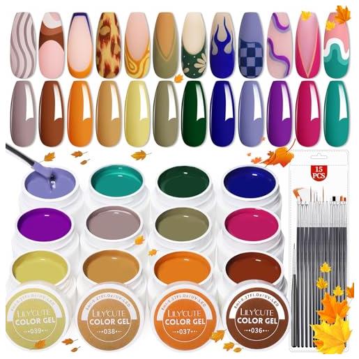 LILY'CUTE 12 colori gel uv set smalto per unghie 8ml, arancione colori 15 pennelli per nail art design