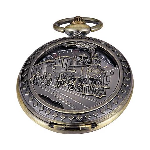 Tiong orologio da tasca meccanico modello treno, orologio da tasca meccanico con ciondolo in bronzo antico da uomo con numeri romani, mpw119-uk