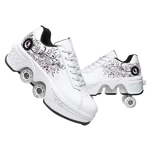 LDRFSE scarpe con rotelle, pattini a rotelle, skateboard, scarpe per bambini con rotelle, scarpe da pattinaggio, scarpe da ginnastica con ruote per ragazze e donne, bianco, 39 eu
