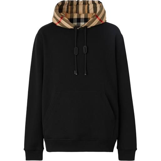 Burberry felpa in cotone con cappuccio check - nero