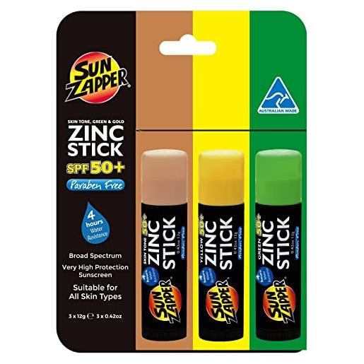 Sun Zapper crema solare allo zinco confezione tripla - contiene stick di zinco per pelle chiara, verde e gialla - stick di protezione solare ad altissima protezione. La crema solare Sun Zapper