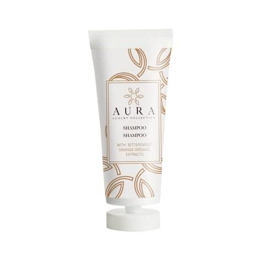 Aura luxury collection ® kit cortesia bagno per hotel e b&b 100 tubi 30 ml shampoo con estratti biologici di the nero ed arancio dolce amaro