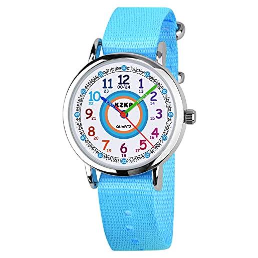 KZKR orologio da polso per bambini, in nylon, analogico, al quarzo, orologio da polso per bambini, orologio da polso sportivo, blu, regalo, azzurro, 