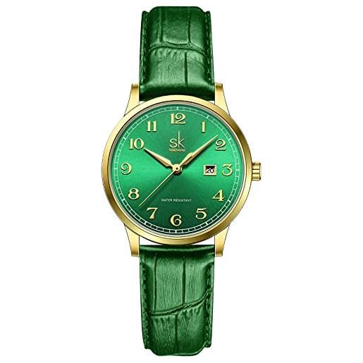 SHENGKE sk orologi da donna classic business con cinturino in acciaio inossidabile ed elegante orologio da donna con calendario in vera pelle (gold-green)