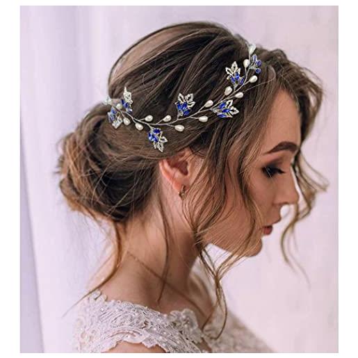 IYOU cerchietto per capelli da sposa con strass blu con foglie e perle, accessori per sposa damigella d'onore