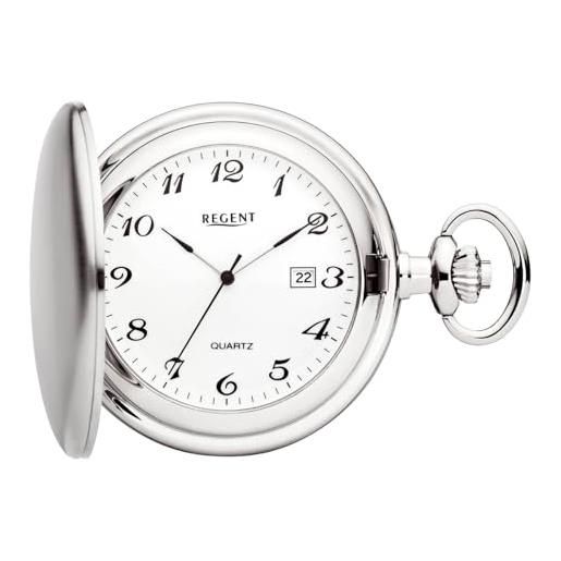 REGENT orologio da tasca da uomo savonnette coperchio pieghevole 47 mm quarzo bianco numeri arabi data, p-734 - argento / liscio opaco, classico