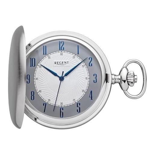 REGENT orologio da tasca da uomo savonnette coperchio pieghevole cromato 50 mm quarzo bianco quadrante grigio numeri arabi, p-726 - lancette blu / liscio opaco, classico