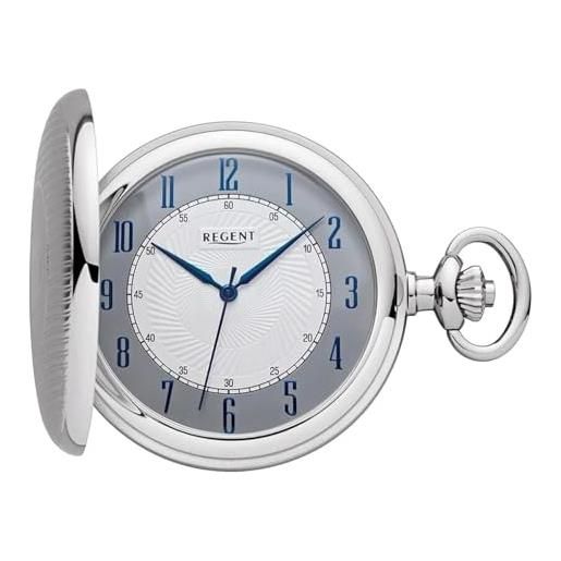 Regent orologio da tasca da uomo savonnette coperchio pieghevole cromato 50 mm quarzo bianco quadrante grigio numeri arabi, p-727 - lancette blu/stemma