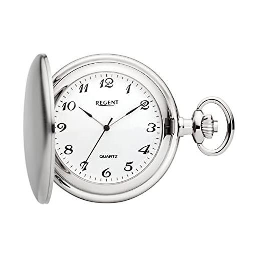 Regent orologio da tasca da uomo savonnette coperchio pieghevole 47 mm quarzo bianco numeri arabi, p-735 - argento