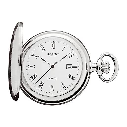 Regent orologio da tasca da uomo savonnette coperchio pieghevole 47 mm quarzo bianco numeri romani data, p-737 - argento, classico