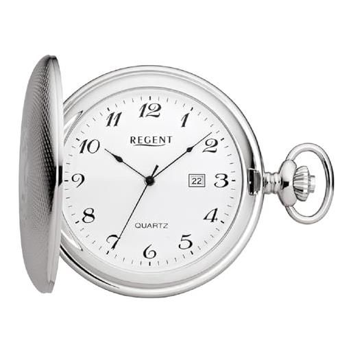 REGENT orologio da tasca da uomo savonnette coperchio pieghevole 47 mm quarzo bianco numeri arabi data, p-739 - argento/stemma, classico