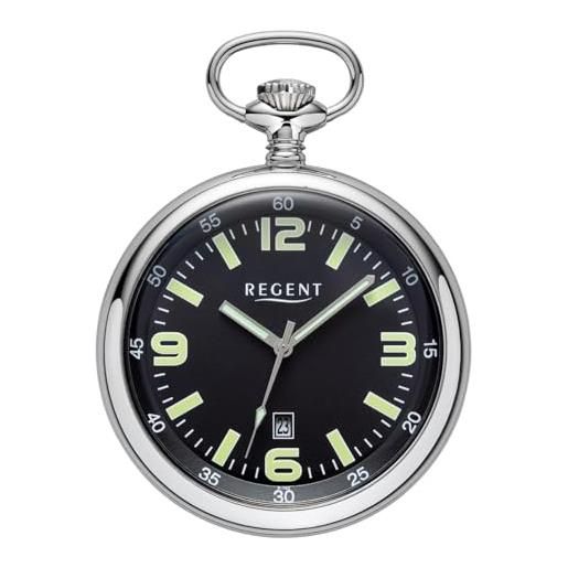 Regent orologio da tasca da uomo in acciaio inox 50 mm quarzo quadrante nero numeri arabi data p-742, classico