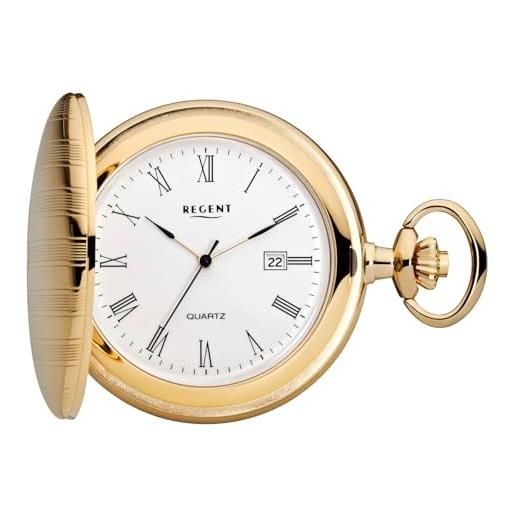 Regent orologio da tasca da uomo savonnette coperchio pieghevole 47 mm quarzo bianco numeri romani data, p-738 - oro