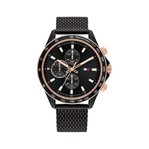 Tommy Hilfiger orologio analogico multifunzione al quarzo da uomo con cinturino in maglia metallica in acciaio inossidabile nero - 1792020