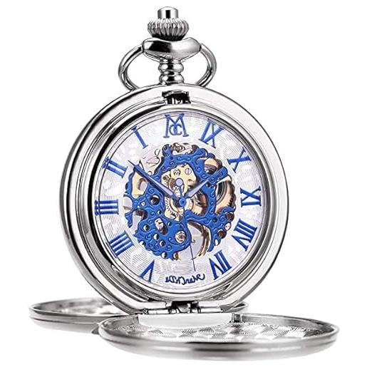 ManChDa orologio da tasca - quadrante scheletrato con doppia incisione ManChDa, orologio meccanico da uomo, movimento dorato con catena (argento)