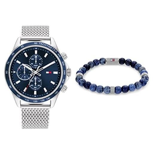 Tommy Hilfiger orologio analogico al quarzo multifunzione e braccialetto con perline in pietra di sodalite in, da uomo