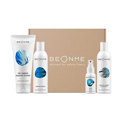 BeOnMe - set regalo cura dei capelli: trattamento nutriente pre-shampoo, shampoo purificante, shampoo delicato, olio per capelli - kit capelli grassi, secchi, delicati, forfora, doppie punte