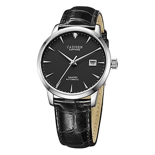 Cadisen miyota 9015 - orologio da polso automatico da uomo in vetro zaffiro, impermeabile, cintura in pelle nera, 40mm