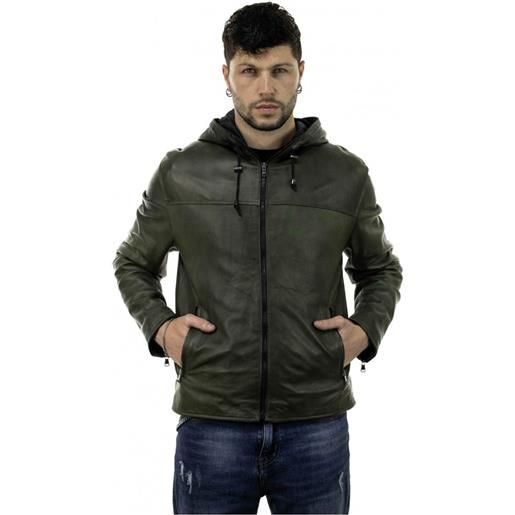 Leather Trend terminator - giacca uomo con cappuccio verde in vera pelle