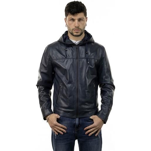 Leather Trend terminator - giacca uomo con cappuccio blu in vera pelle