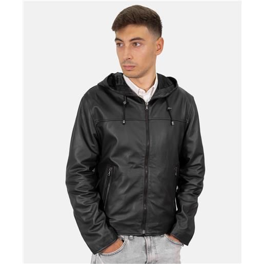 Leather Trend terminator - giacca uomo nera con cappuccio in vera pelle