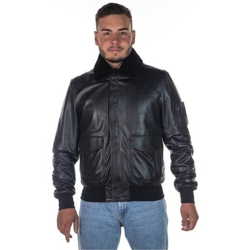 Leather Trend pilota - bomber uomo nero in vera pelle con collo in vero montone nero