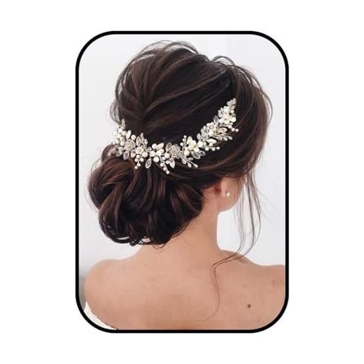 Vakkery, fascia per capelli con perle e cristalli, motivo con fiori e foglie, color argento, accessorio ideale per spose e matrimoni, per donne e ragazze