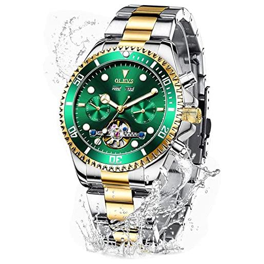 OLEVS orologi automatici per gli uomini a carica automatica classic designer tourbillon in acciaio inox impermeabile luminoso maschile orologi da polso, verde, 