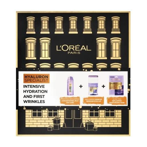 L'Oréal Paris hyaluron specialist intensive hydration and first wrinkles cofanetti gel viso hyaluron specialist gelatina concentrata 50 ml + struccante hyaluron specialist replumping make-up remover 125 ml + maschera viso hyaluron specialist replumping mo