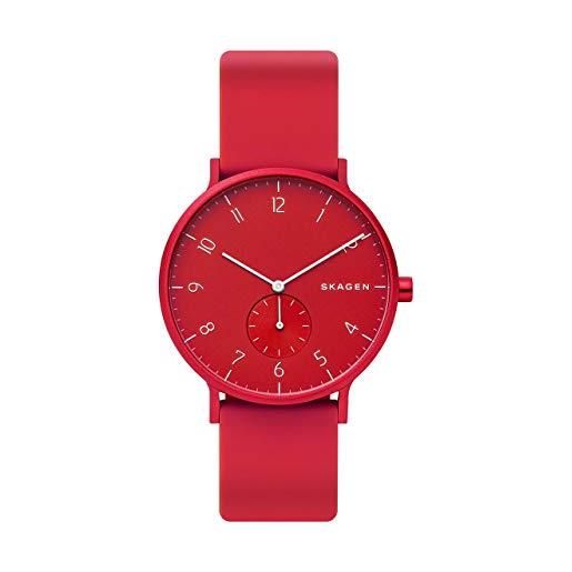 Skagen aaren orologio per unisex, movimento al quarzo con cinturino in silicone, acciaio inossidabile o pelle, rosso, 41mm