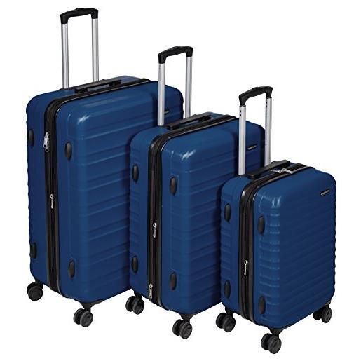 Amazon Basics - set di trolley rigidi con rotelle girevoli, confezione da 3 pezzo, blu marino, 55 cm, 68 cm, 78 cm