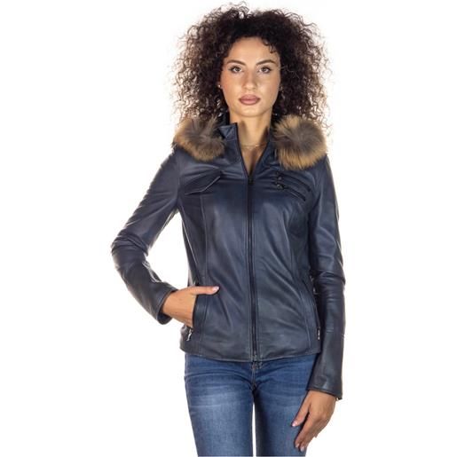Leather Trend michelina cap - giacca donna blu con cappuccio in vera pelle