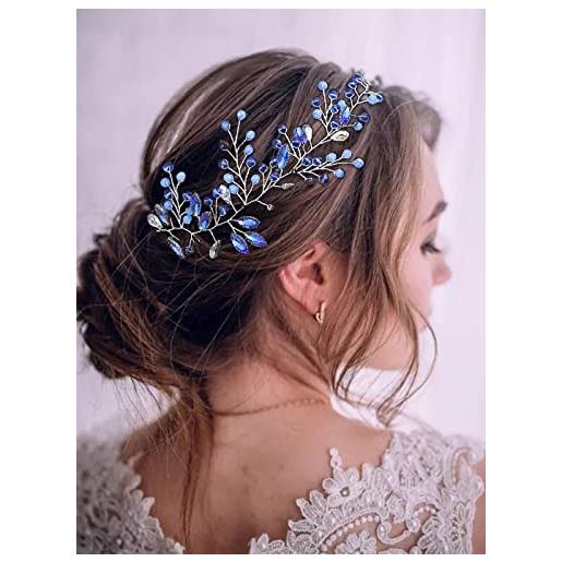 IYOU cerchietto per capelli da sposa in cristallo blu con vite e perline per capelli da sposa e damigella d'onore accessori per capelli per le donne