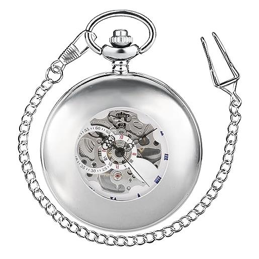 Tiong orologio da tasca vintage meccanico steampunk orologi da tasca scheletro numeri romani con ciondolo a catena e confezione regalo migliori regali, argento e blu. , 10 cm