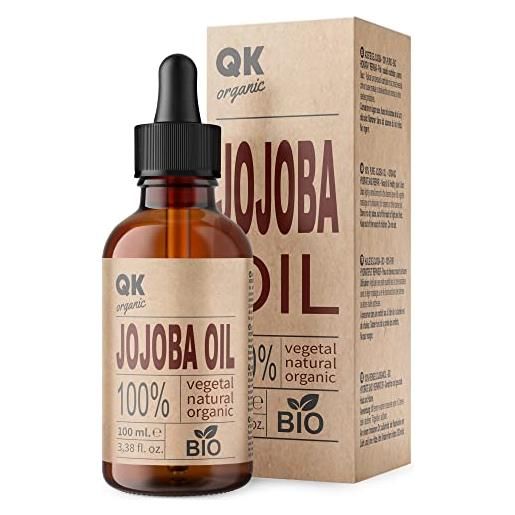 QKnatur olio di jojoba 100% puro biologico vegano - 100 ml - per corpo, viso, capelli, unghie, barba - antirughe e anti-acne - bio - spremuto a freddo