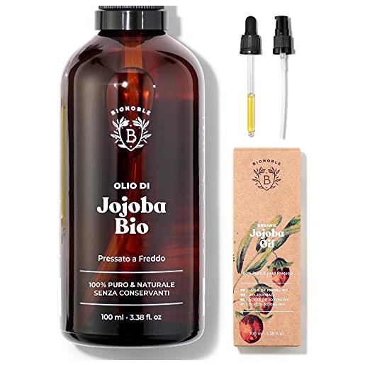 Bionoble olio di jojoba biologico 100ml - 100% puro, naturale e pressato a freddo - viso, corpo, capelli, barba, unghie - vegan e cruelty free - bottiglia di vetro + pipetta + pompa